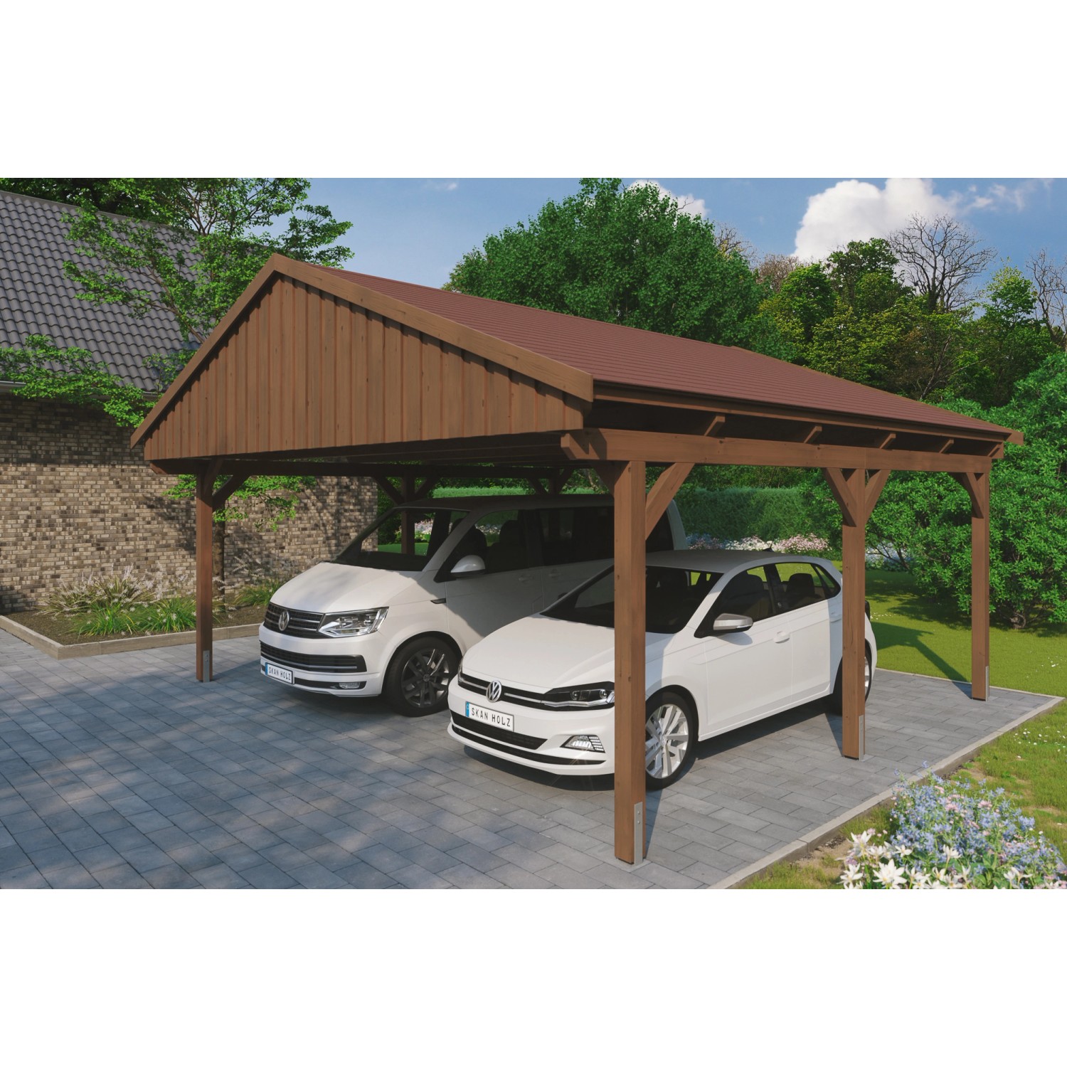 Skan Holz Carport Fichtelberg 618 cm x 566 cm Rote Schindeln Nussbaum günstig online kaufen