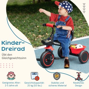 AIYAPLAY Kinderdreirad mit Beckengurt, rot/schwarz, mit Kind.