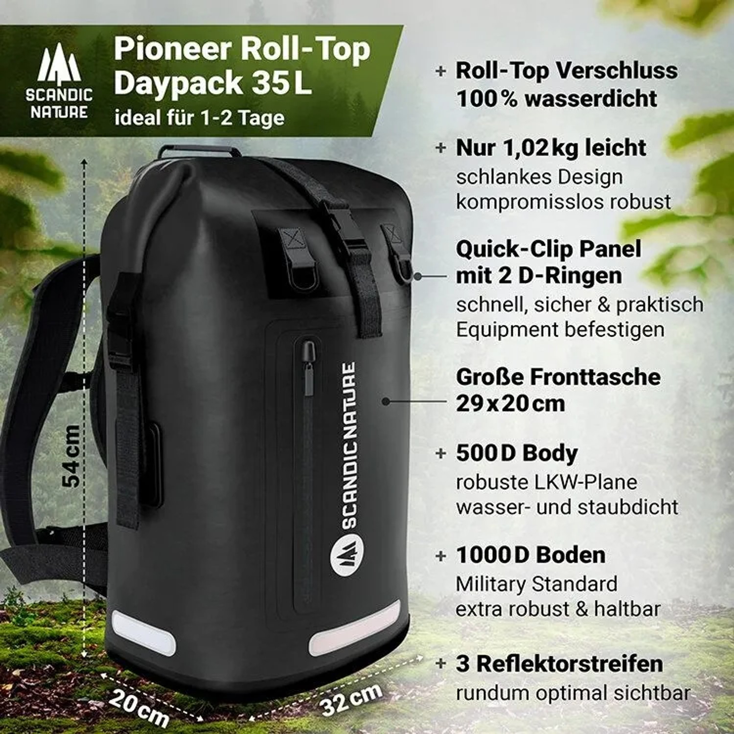Schwarzer, wasserdichter SCANDIC NATURE Rucksack Pioneer 35L für Outdoor, Wandern und Alltag.