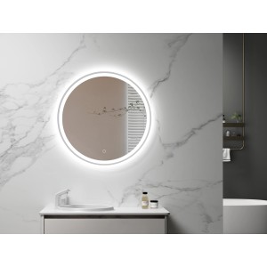 Runder DSK LED-Lichtspiegel Silver Lagos, Ø 60 cm, mit umlaufender Beleuchtung im modernen Badezimmer.