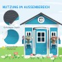 Blaues Outsunny Kinderspielhaus aus Holz mit Fenster und Blumenkästen für Kinder von 3-8 Jahren.