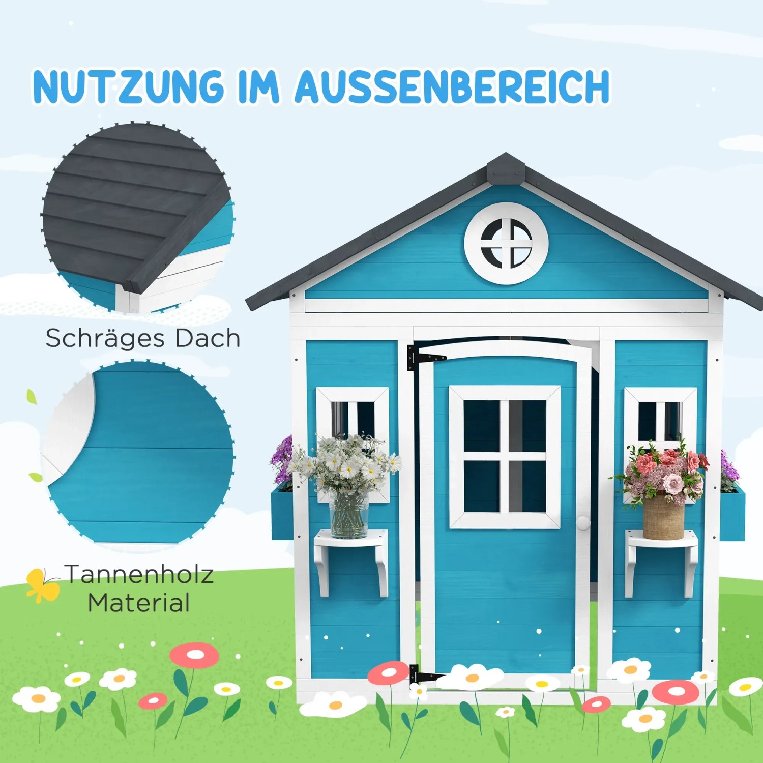 Blaues Outsunny Kinderspielhaus aus Holz mit Fenster und Blumenkästen für Kinder von 3-8 Jahren.