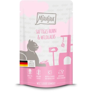 Mjamjam Katzen-Nassfutter Quetschie mit Huhn und Wildlachs, 125g Packung.