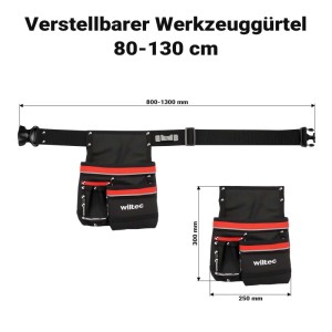 Wiltec Werkzeuggürteltasche, schwarz-rot, mit 5 Fächern und verstellbarem Gürtel (80-130 cm). Maße 25x30 cm.