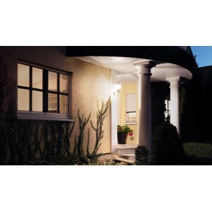 Schwarze Steinel Außenleuchte L 15 am Hauseingang mit Säulen und Bepflanzung.