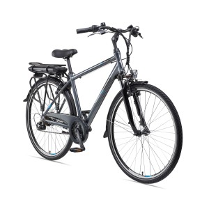 Graues Telefunken Trekking E-Bike mit 21-Gang Shimano Schaltung und Hinterradmotor.