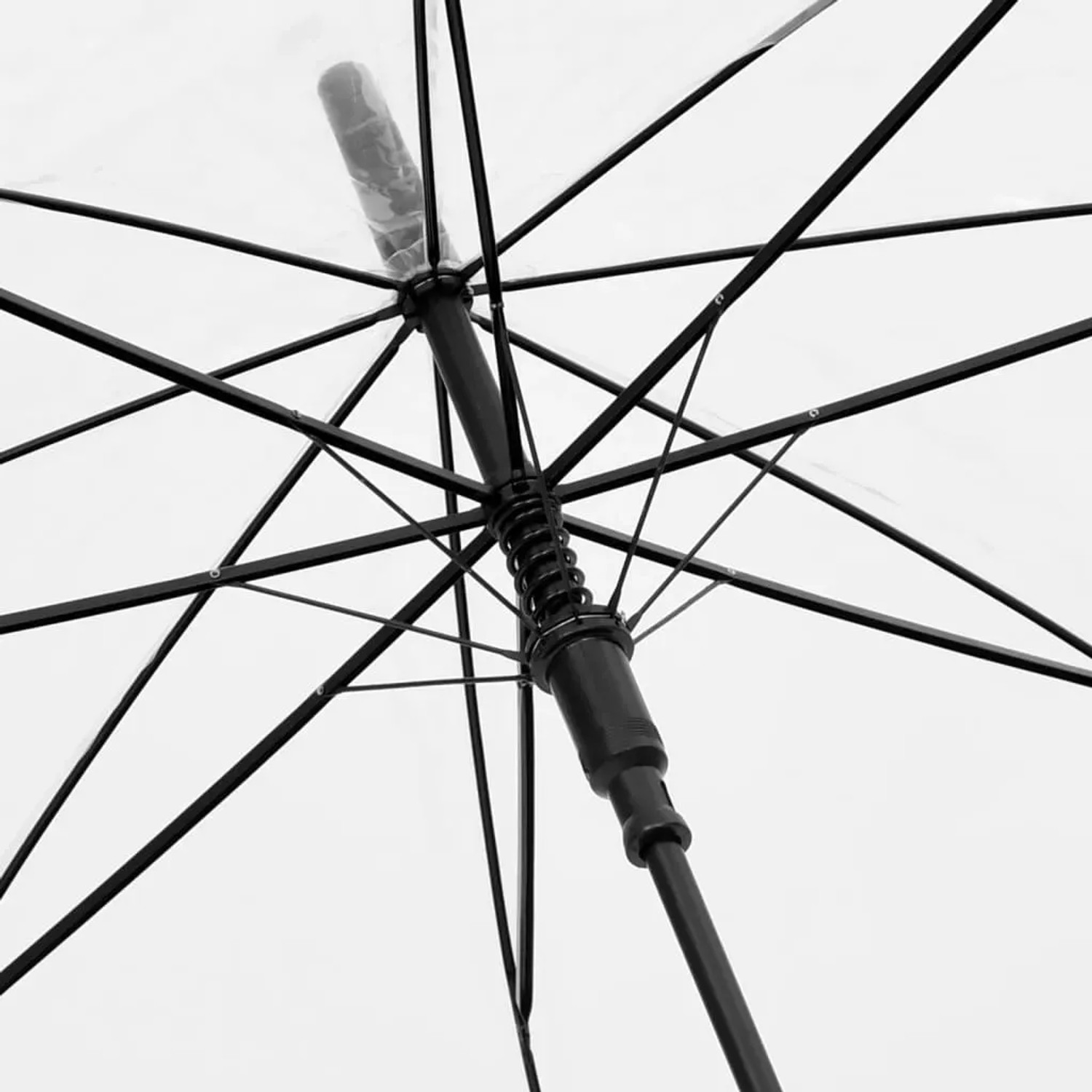 Detailaufnahme: Transparenter vidaXL Regenschirm, 100 cm Durchmesser, mit schwarzem Gestell.