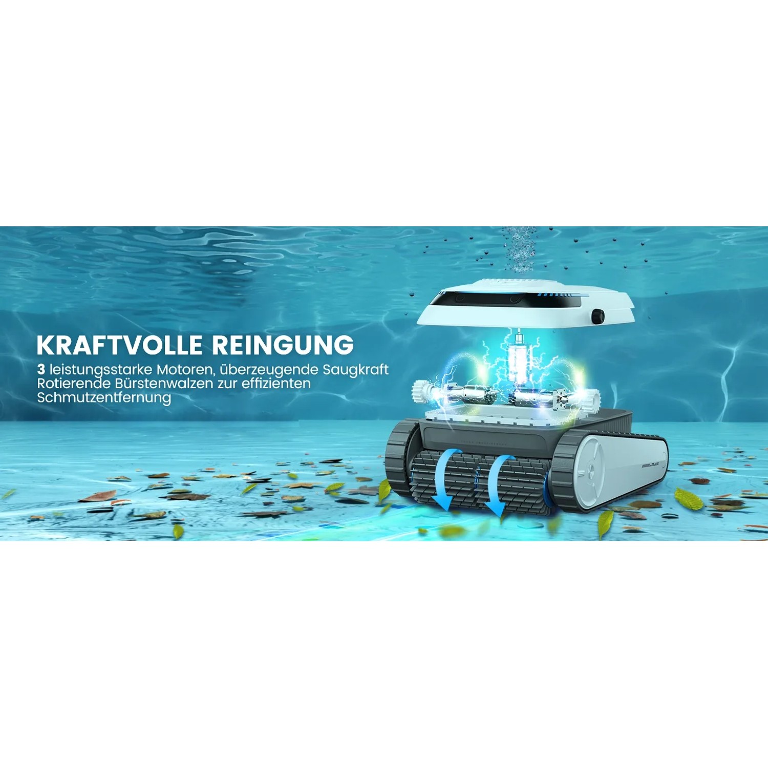 Poolreinigungsroboter Royal PC10 im Wasser. Akku-Poolroboter mit Bürsten zur Poolreinigung.