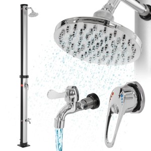ML-Design Solardusche, 20L, 210cm, mit Regenduschkopf und Fußdusche, silber-schwarz.