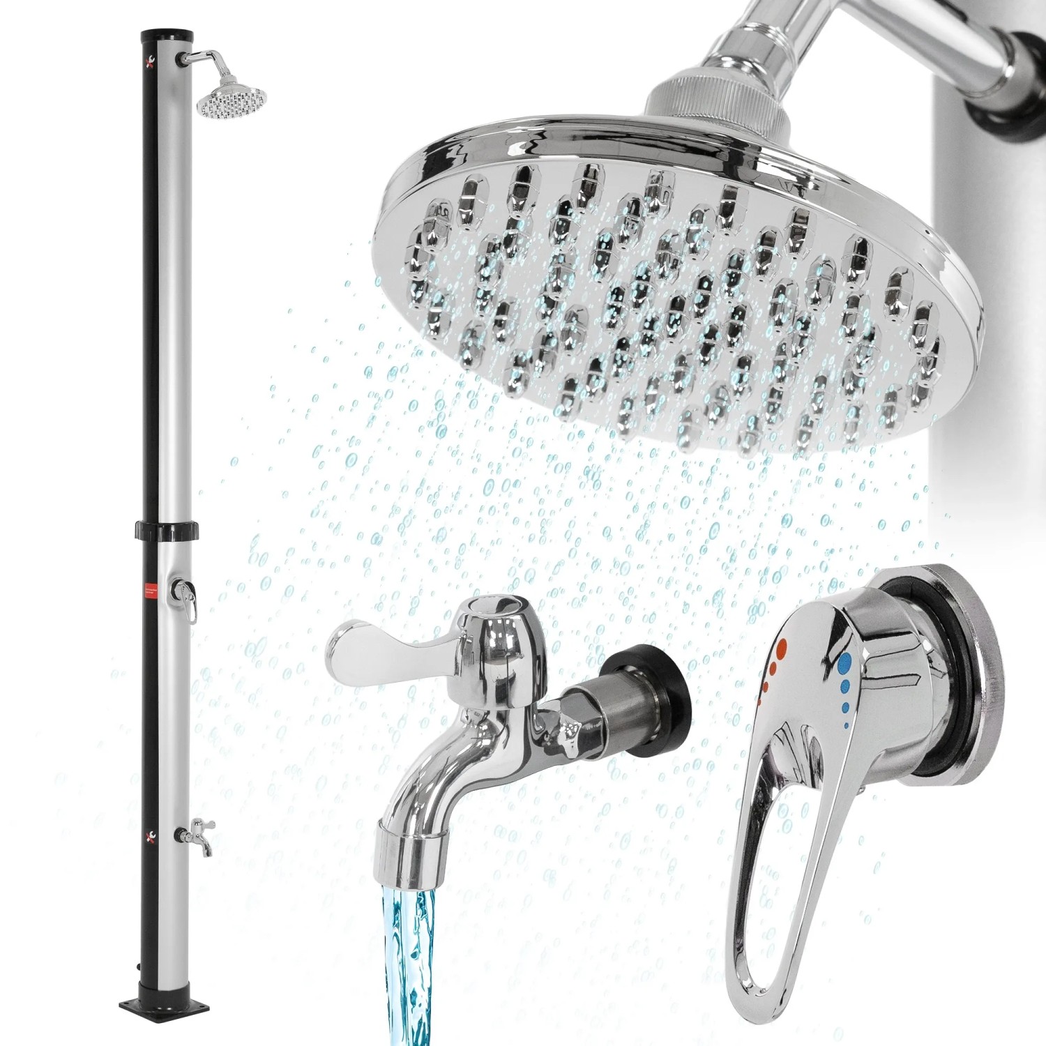 ML-Design Solardusche, 20L, 210cm, mit Regenduschkopf und Fußdusche, silber-schwarz.