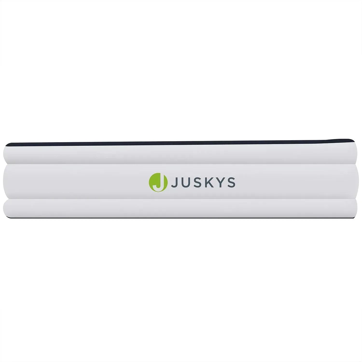 Verpacktes Juskys Luftbett Sapri L, blau-weiß, mit Logo. Ideal für Camping und als Gästebett.