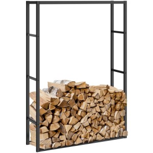 Schwarzes Tectake Kaminholzregal Tuby im Industrial Look mit Holzscheiten gefüllt.