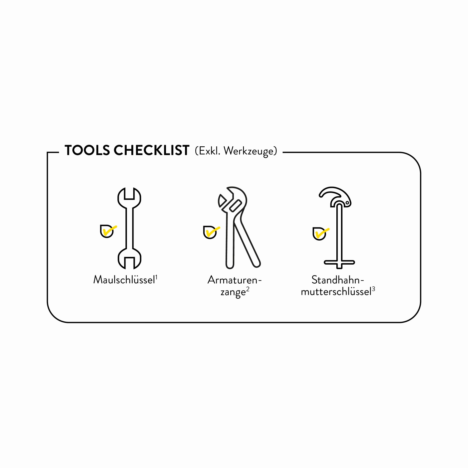 Benötigtes Werkzeug für die Installation der Küchenarmatur: Maulschlüssel, Armaturenzange, Standhahn-Mutterschlüssel.