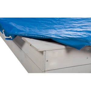 Blaue roba Abdeckplane auf Sandkasten 154x154 cm mit Ösen.