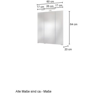 Held Möbel 3D-Spiegelschrank Bari 60 cm in Wotaneiche mit LED-Leuchte und drei Spiegeltüren.