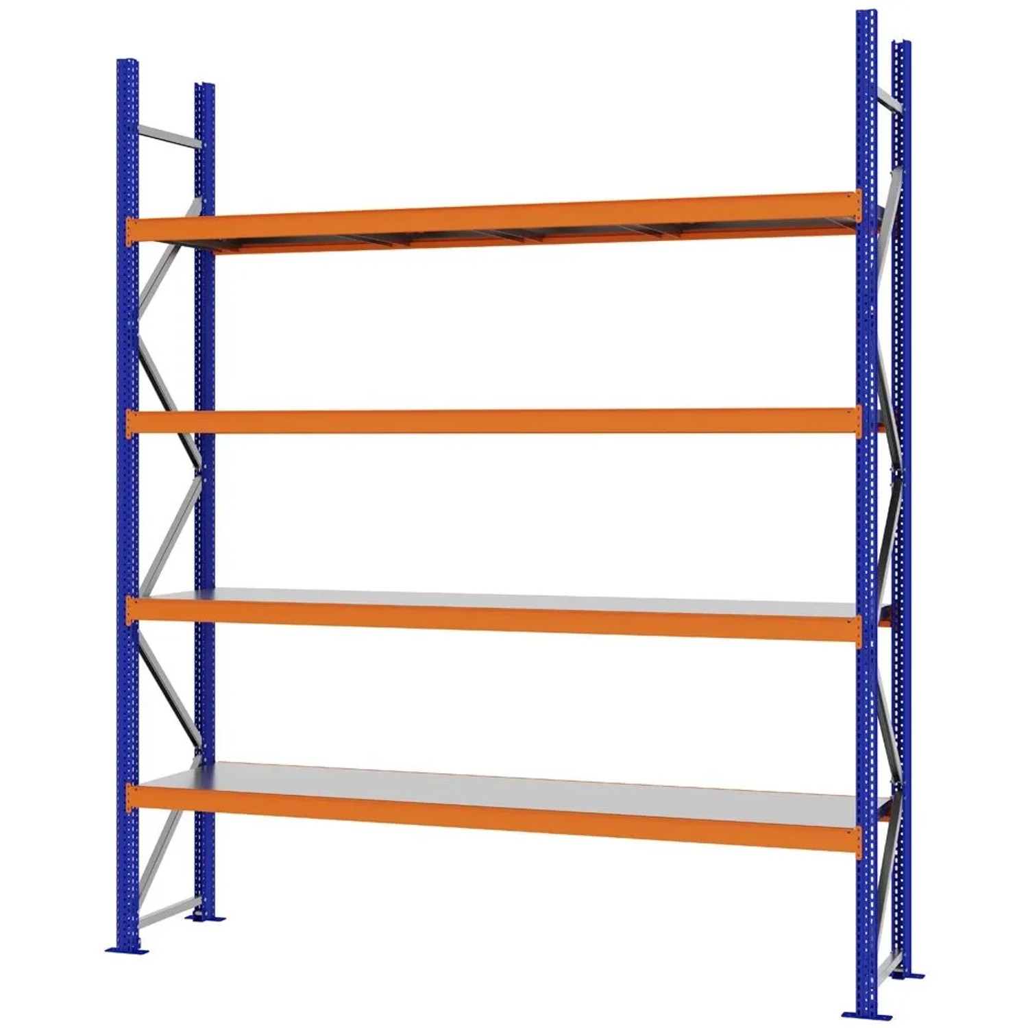 PROREGAL Weitspannregal Schraub-Stecksystem MAGNUS PRO Made In Germany Grundregal 300x250x50cm 4 Ebenen Stahlböden Fachlast 430kg Blau/Orange