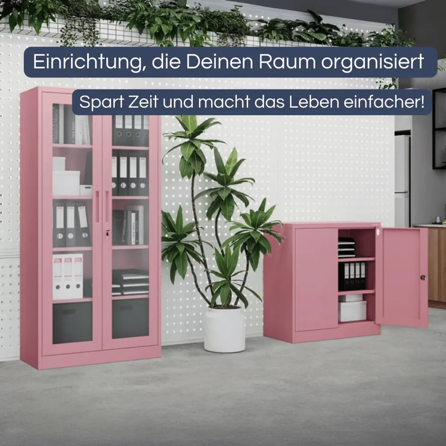 Rosa DELUKE Aktenschränke KADO: abschließbarer Flügeltürenschrank und niedriger Büroschrank.