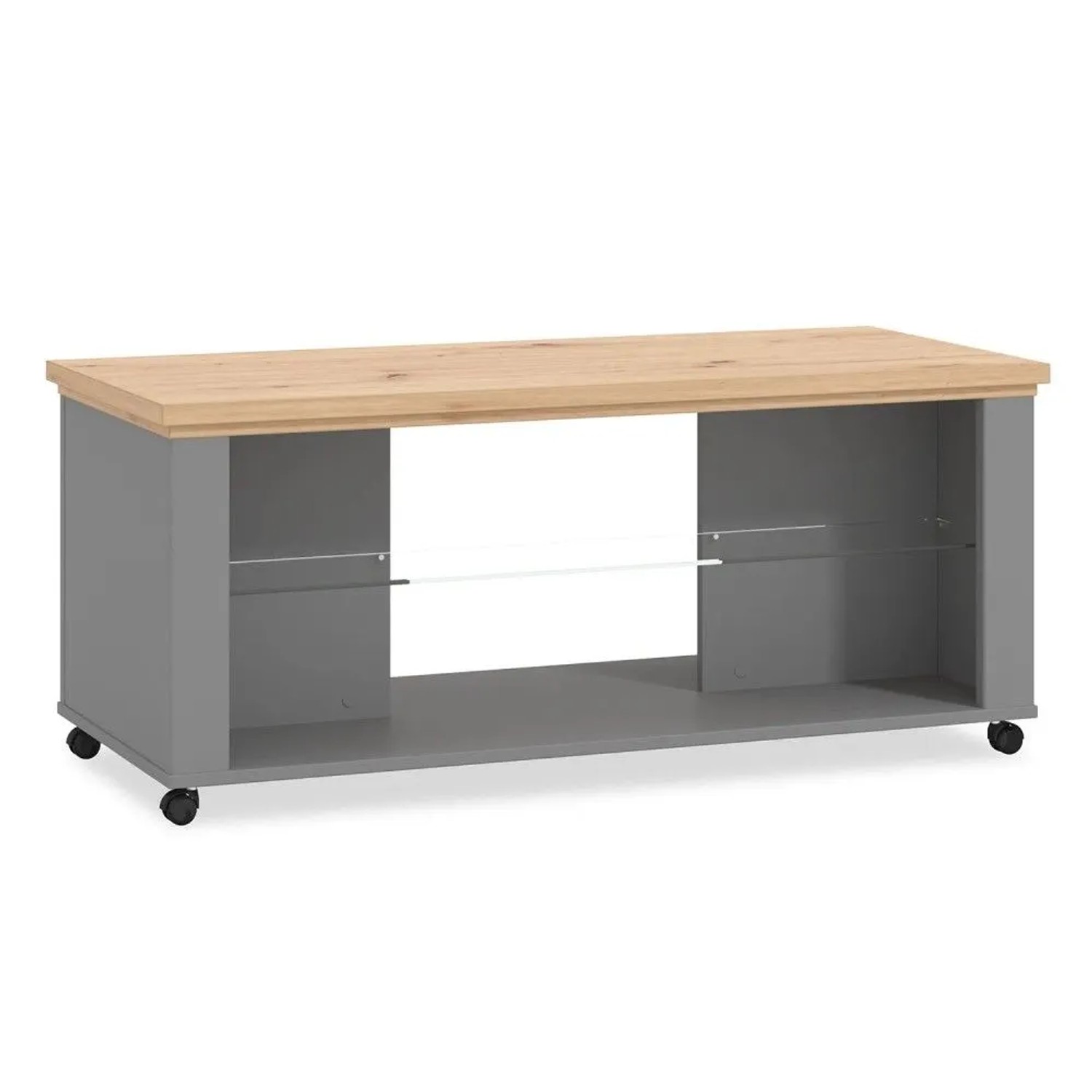 Homestyle4u Couchtisch Holz Glas Grau Rechteckig Wohnzimmertisch mit Rollen 2302