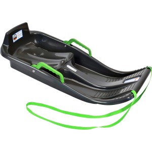 KHW Minibob Schlitten in Anthrazit mit grünen Kunststoffbremsen und Zugband.