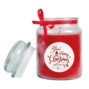 Rote HS Candle Duftkerze im Glas mit Weihnachtsdesign und Schleife, Brenndauer 110h.