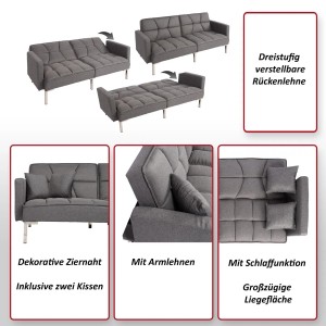 Graues MCW Schlafsofa K65 aus Stoff mit Schlaffunktion, verstellbarer Rückenlehne und Kissen.