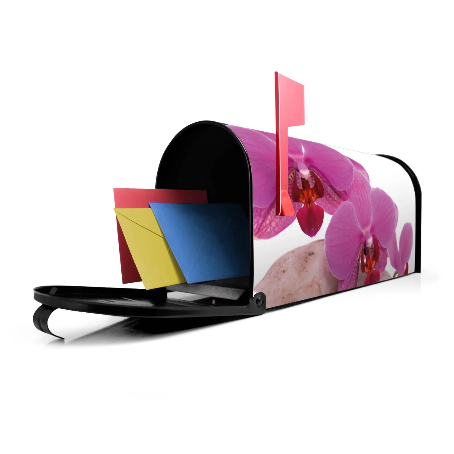 Schwarzer Banjado US Briefkasten mit Orchideen Motiv, Stahl, mit Briefen. Ideal als Wand- oder Standbriefkasten.