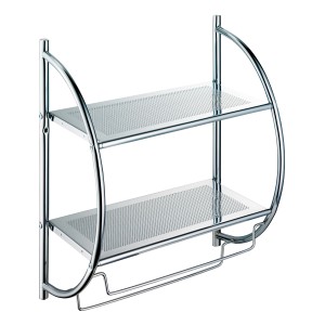 Verchromtes Bad-Wandregal mit 2 Ablagen und 2 Handtuchhaltern.