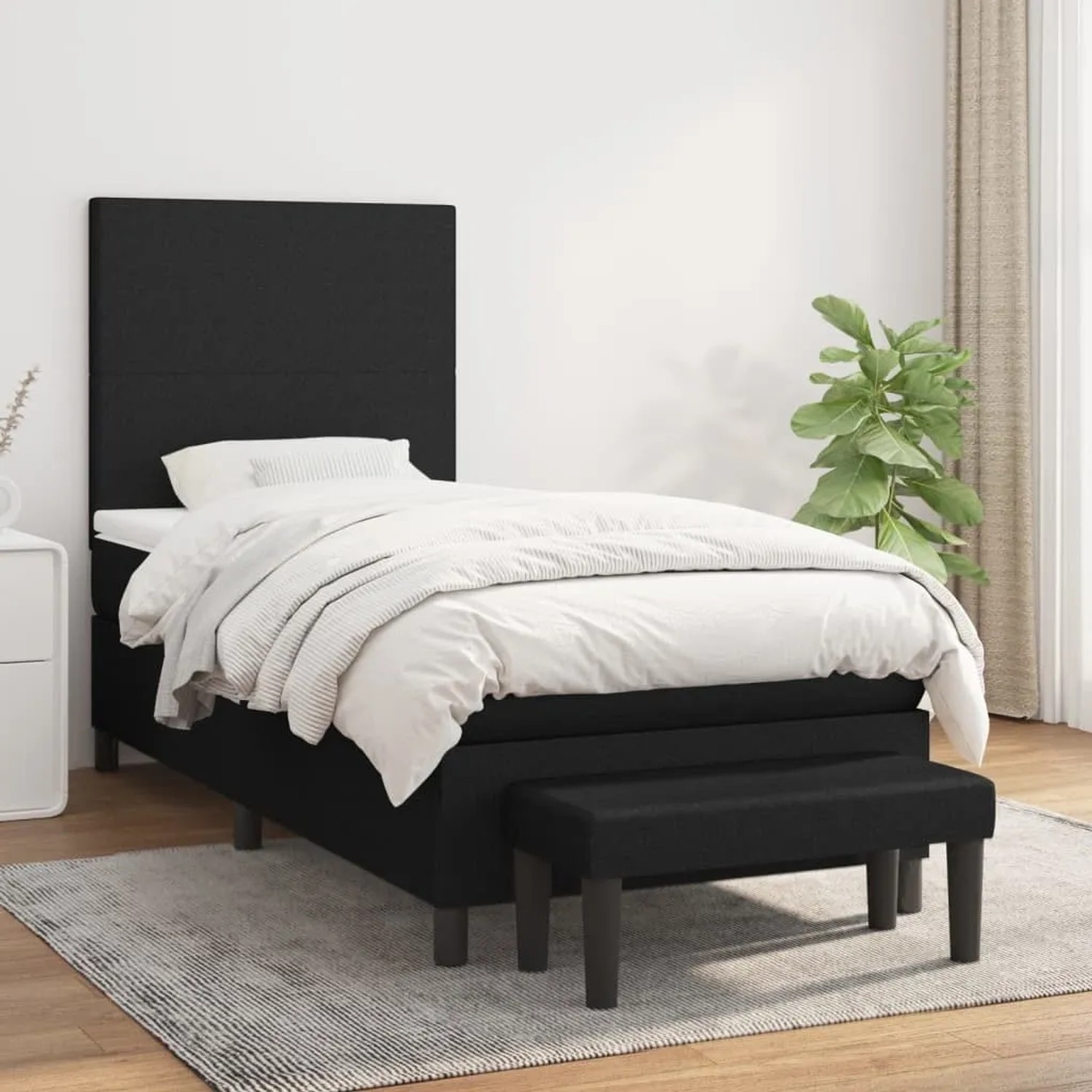Schwarzes vidaXL Boxspringbett (90x190 cm) mit Matratze, Kopfteil und Bank.