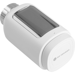 Elektrisches Thermostatventil HeimSync Bluetooth für Heizungs-Installation in Weiß.