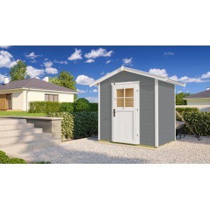 Graues Weka Holz-Gartenhaus mit Satteldach und weißer Tür. Gartenhaus für Gartengeräte und mehr.