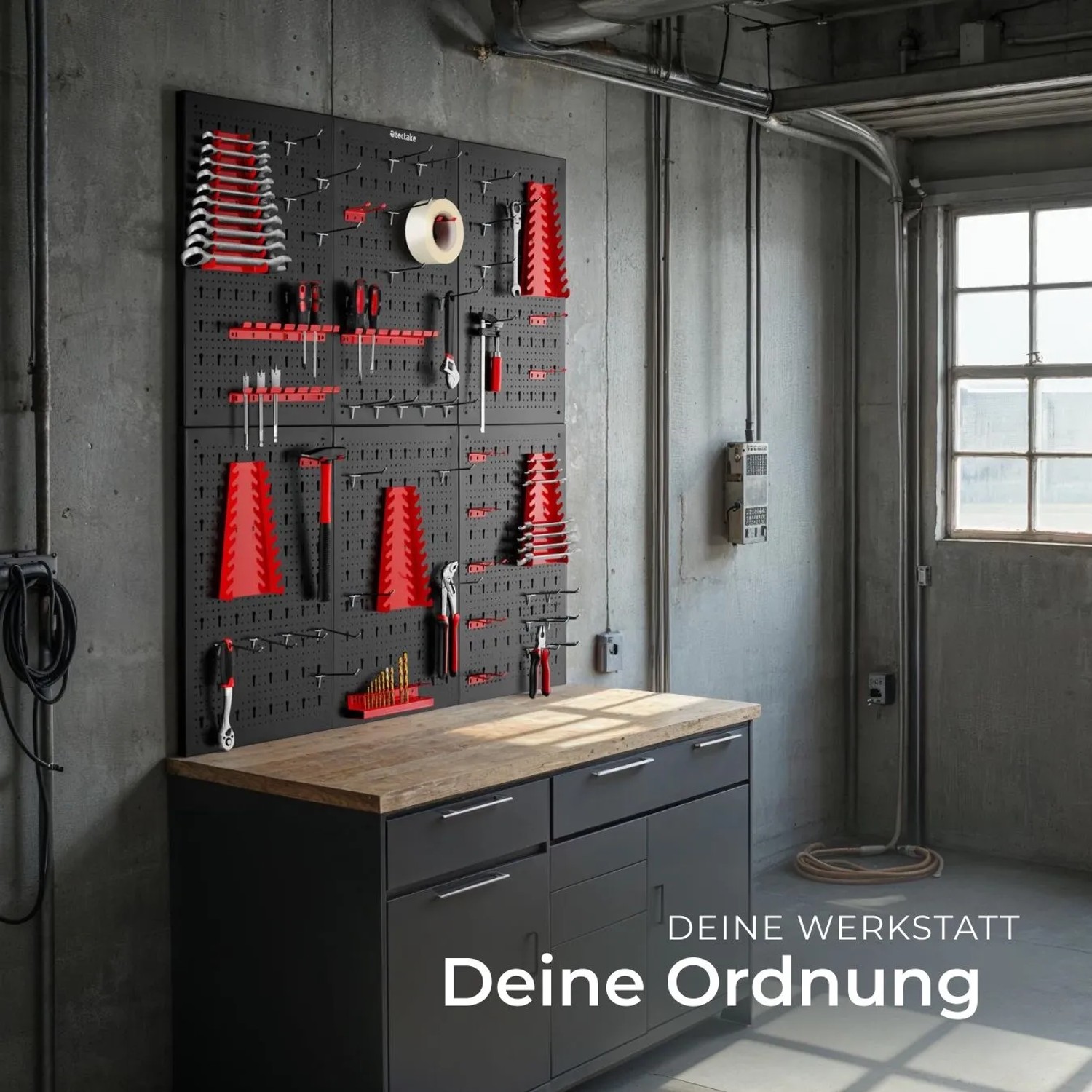 Tectake Werkzeuglochwand Jonah, sechsteilig, mit Haken und Halterungen in Schwarz und Rot.