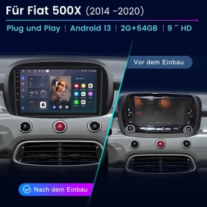 Junsun 9 Zoll Autoradio für Fiat 500X (2014-2020), Vorher/Nachher-Ansicht.