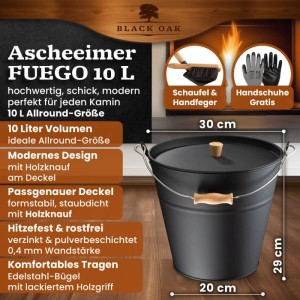 BLACK OAK Ascheeimer FUEGO 10L mit Deckel, Schaufel und Feger. Metall Aschebehälter für Kamin & Ofen.