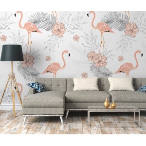 Fototapete mit Palmen, Flamingos und Blüten in Orange und Weiß. FSC®-zertifiziert.