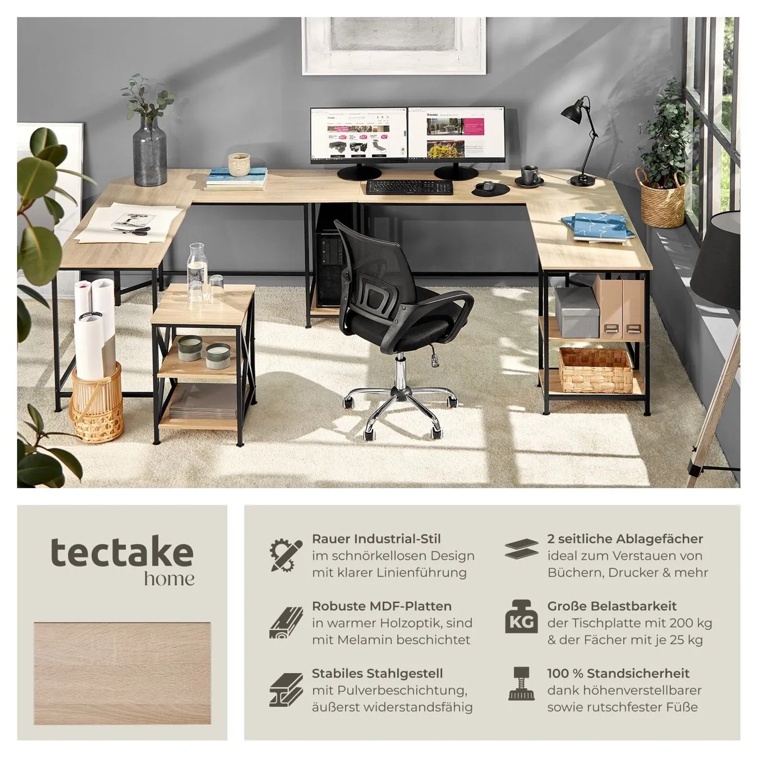 Tectake Schreibtisch Hamilton im Industrial Style, Holz und Stahl, Eiche Sonoma