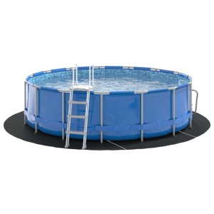 Runde, schwarze vidaXL Bodenfolie unter blauem Pool mit Leiter, Ø 366 cm.