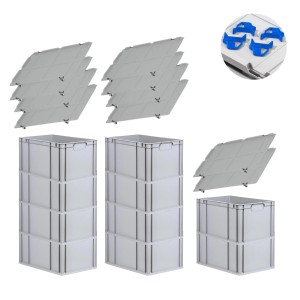 PROREGAL Spar Set: 10 graue Euroboxen mit Deckel und blauen Schiebeschnappverschlüssen, 65 Liter.
