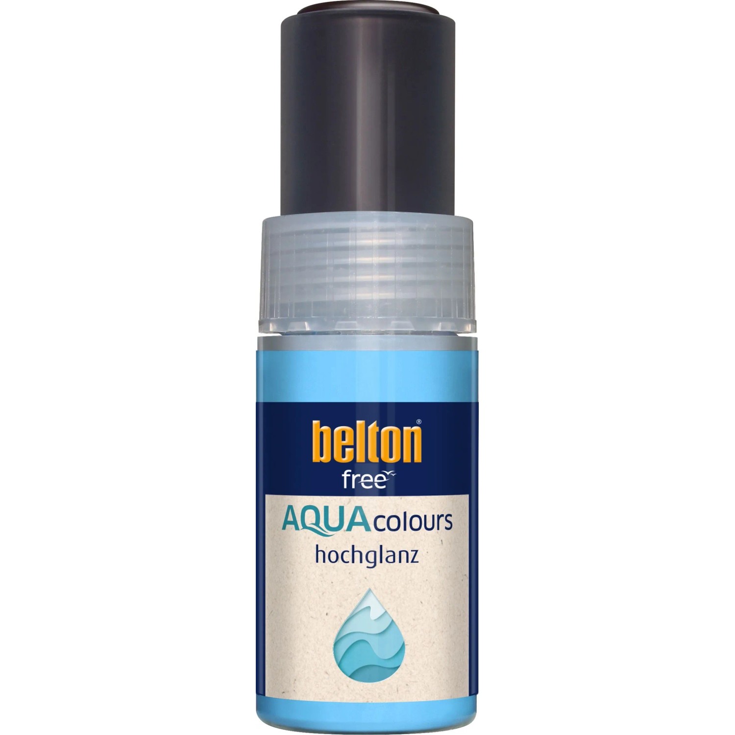 Belton Free AQUAcolours Lackstift 9 ml, hellblaue Flasche mit dunkelblauem Etikett, für hochglänzendes Tiefschwarz.