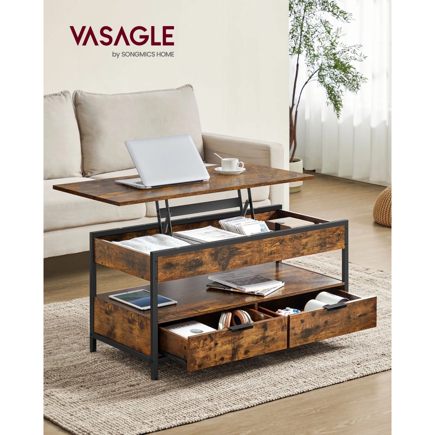 Vasagle Couchtisch, höhenverstellbar, braun-schwarz, mit Schubladen und Ablageflächen.