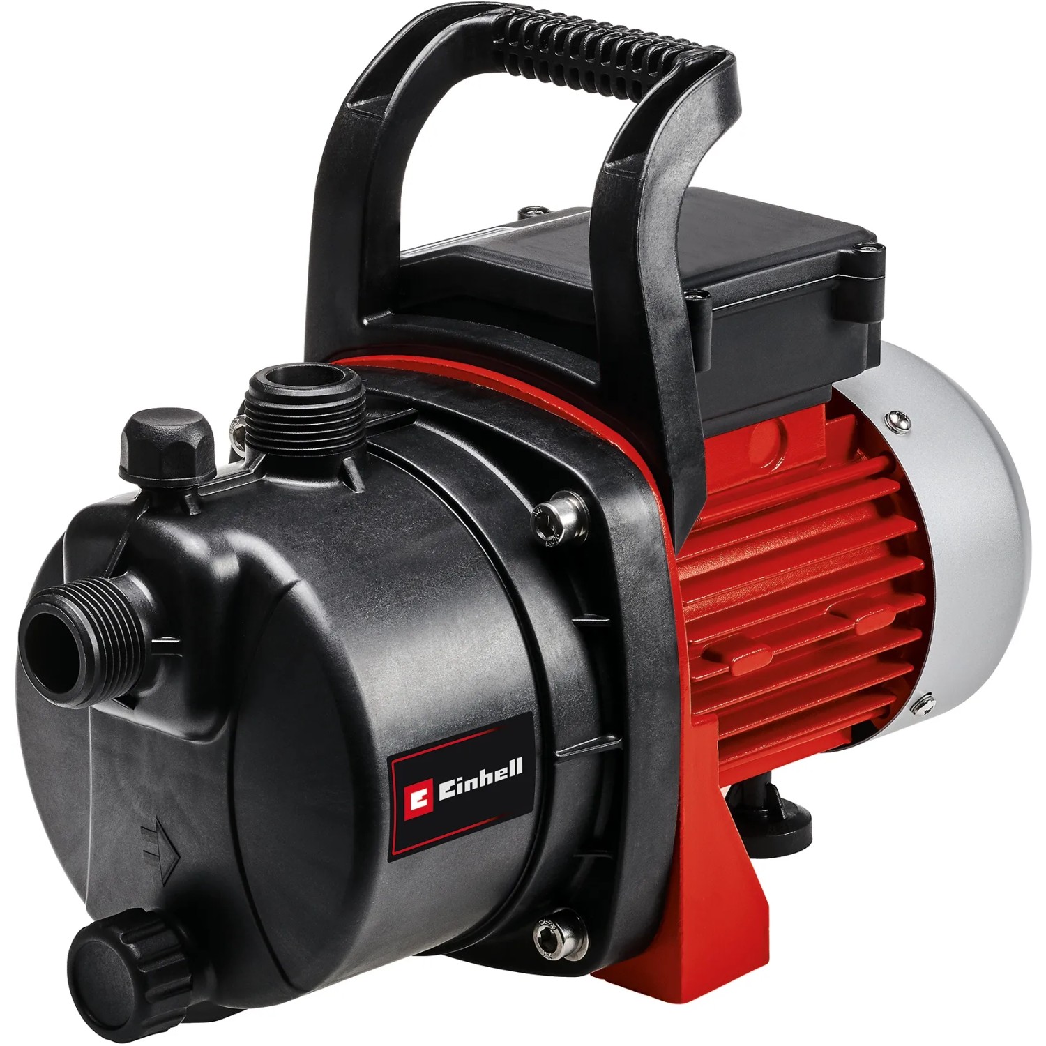 Einhell Gartenpumpe GC-GP 6538 Set: Kompakte, rote Gartenpumpe mit Tragegriff und Zubehör.
