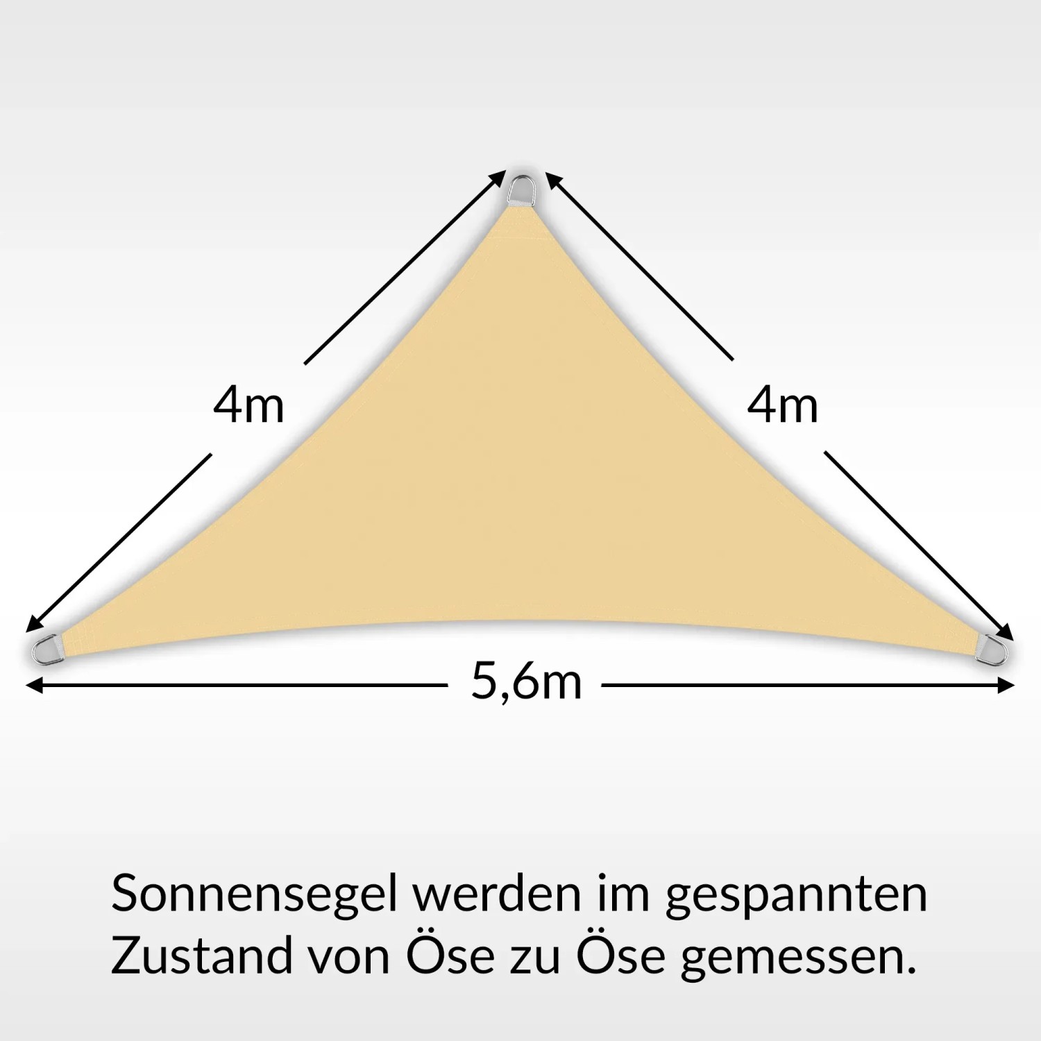 Sandfarbenes Toldoro Sonnensegel Dreieck mit Maßangaben für Garten & Terrasse.