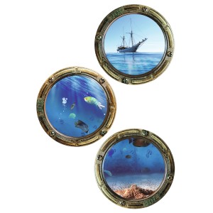 Sanders & Sanders Wandtattoo Unterwasserwelt mit Schiff, Fischen und Korallen in Bullaugenoptik.