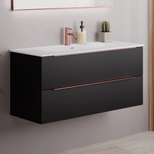 pianura Waschtisch mit Unterschrank Lucia Sirius Black, 82 cm, mit kupferfarbenen Griffleisten.