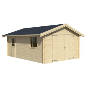 Lasita Garage Yarik aus unbehandeltem Holz mit Doppeltor, Fenster und Tür.