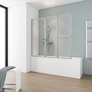 Schulte Badewannenaufsatz Komfort, 3-teilig, aus Kunstglas und Alu-Natur, 140x151,8 cm, montiert auf einer Badewanne.