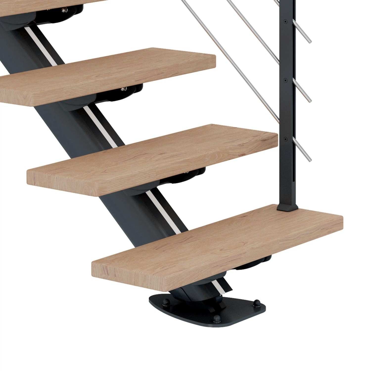 Dolle Mittelholmtreppe Sydney, Eiche weiß, Metall anthrazit, Detailansicht der Stufen.