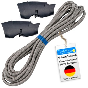 Graues Toldoro Tauwerk, 6mm, 20m mit Seilklemmen. Polyester Spannseil für Sonnensegel und Flaggen.