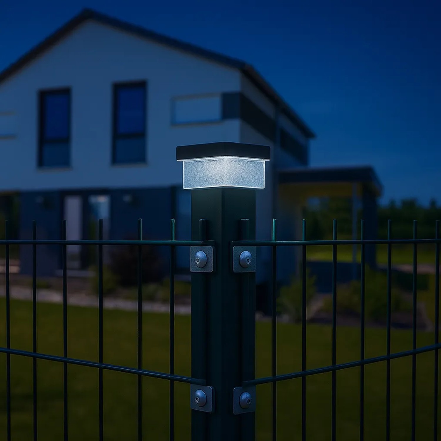 6040 Solar Zaunleuchte 60x60 LED auf Doppelstabmattenzaun Pfosten bei Dämmerung. Neutralweißes Licht für Gartenbeleuchtung.
