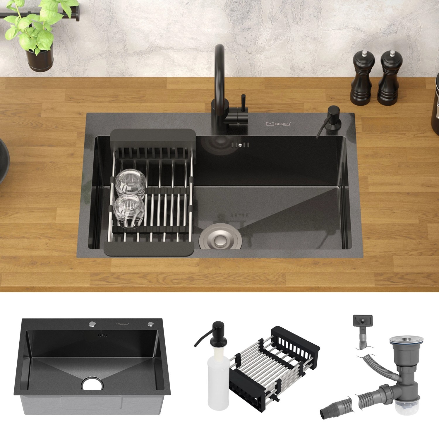 ML-Design Spülbecken, Edelstahl, anthrazit, mit Abtropfkorb und Siphon.