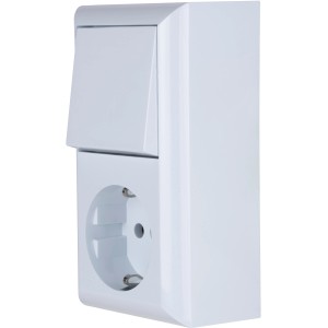 Weiße REV Aufputz-Kombination: Schalter und Steckdose der Serie PlanoLuxe.